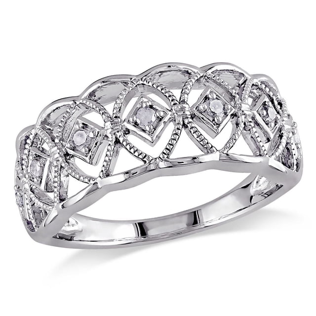 Miabella 1/10 Carat T.W. Diamond Sterling Silver Ring featuring an openwork design with seven round diamonds (H-I color, I3 clarity) pave-set in square frames, crafted in high polish sterling silver, shown in a close-up front view on a white background, suitable for women's fine jewellery.