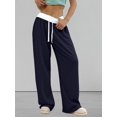 thumbnail image 4 of Women'S Contrast Color Waistband Sweatpants Wide Leg Pants with Drawstring Buckle Navy Blue M, 4 of 8