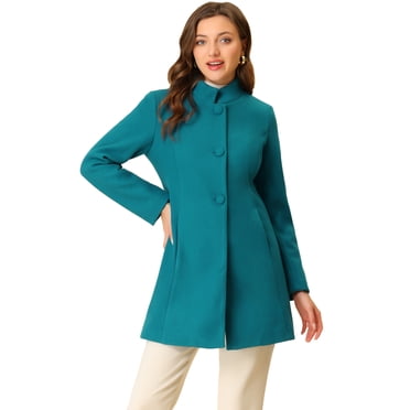 INSPIRE CHIC Manteau d'Hiver pour Femme à Col Montant, à Simple Boutonnage, Long Mi-Cuisse, Bleu Lac, TP