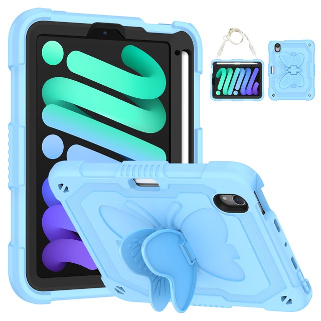 Étui pour iPad Mini 7 A17 Pro 2024/Mini 6 2021 8,3 Pouces 7e/6e Gén. avec Support Papillon, Étui de Protection Robuste et Résistante avec Porte-Crayon et Bandoulière pour Enfants Filles, Bleu