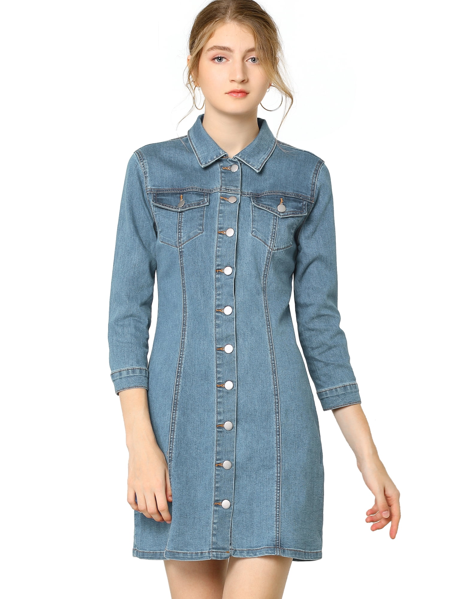 INSPIRE CHIC Robe-Chemise Ajustée en Denim pour Femmes à Manches 3/4 Boutonnée