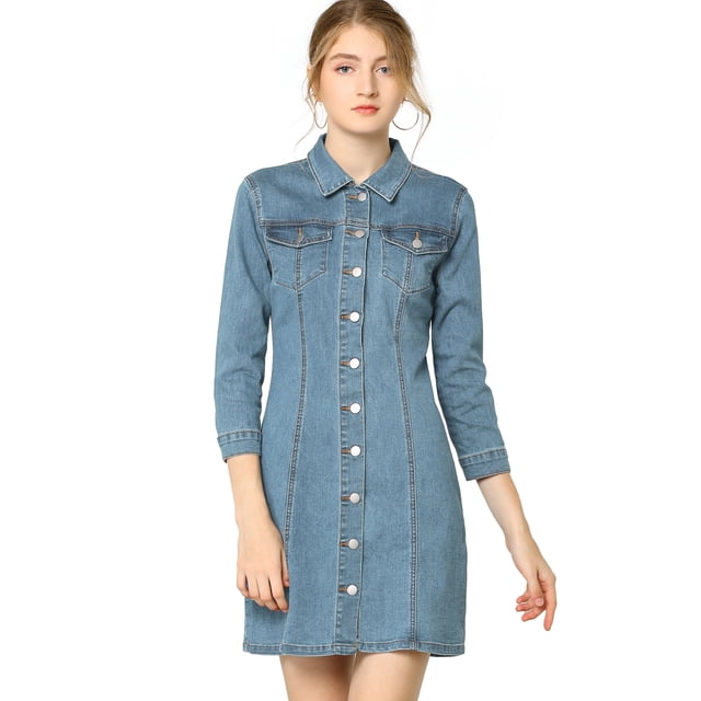 INSPIRE CHIC Robe-Chemise Ajustée en Denim pour Femmes à Manches 3/4 Boutonnée