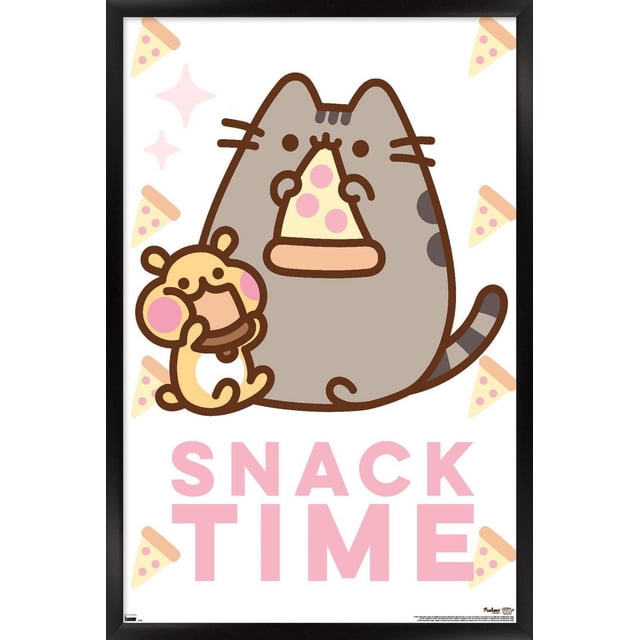 Pusheen - Snack Time Wall Poster, 14.725" x 22.375" framed wall art featuring a centered cartoon of gray tabby cat Pusheen holding a pepperoni pizza slice with a small beige hamster eating a snack beside her, pink 'SNACK TIME' text below, and scattered pizza slice icons on a white background, suitable for kid's room or office decor.