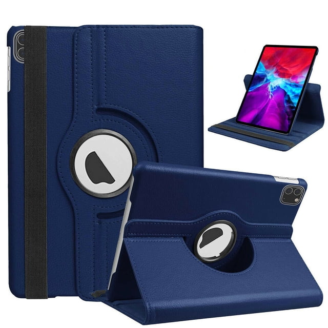 PST iPad Air 4 5 4th 5th Gen. 10.9" Rotation Case, 360 Degree Rotating PU Leather Stand Smart Case Cover in a dark blue color. Features a durable PU leather exterior with a soft microfiber interior for screen protection. Includes a 360-degree rotating mechanism for flexible landscape and portrait viewing, reinforced panels for added structure, and a built-in magnet for sleep/wake functionality. Precise cutouts provide full access to the speaker, back camera, headphone jack, dock connector port, and buttons. Lightweight and portable, suitable for watching movies or playing games on the go.