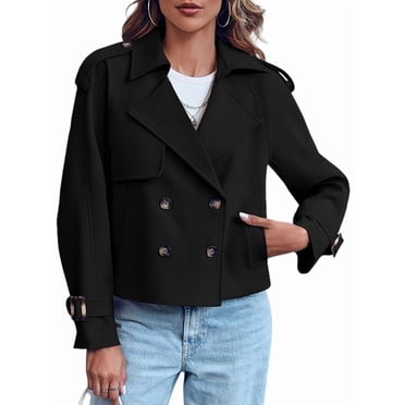 Women Long Sleeve Double Breasted Notched Lapel Casual Loose Fit Cropped Trench Jackets with Pockets Black L