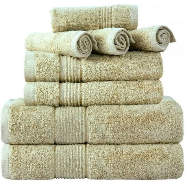 Prime Collections Ultra Soft Luxury Bamboo Cotton Bath Towel Set, an 8-piece set including 2 bath towels (27 x 54 inches), 2 hand towels (16 x 28 inches), and 4 washcloths (12 x 12 inches). Made from 70% bamboo and 30% combed cotton with a 600 GSM density, these towels are breathable, lightweight, and quick-drying. The set features a soft beige colour and double-stitched edges for enhanced durability. Ideal for creating a spa-like experience in your bathroom.