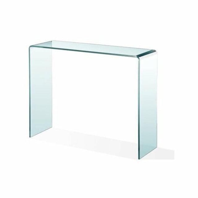 Heavenly Collection Glass Small Console in Clear featuring a bent glass waterfall design crafted from 12 mm tempered glass, measuring 30" high, 36" wide, and 8" deep, with a spacious lower glass shelf for storage, ideal for living room accent and console table use.