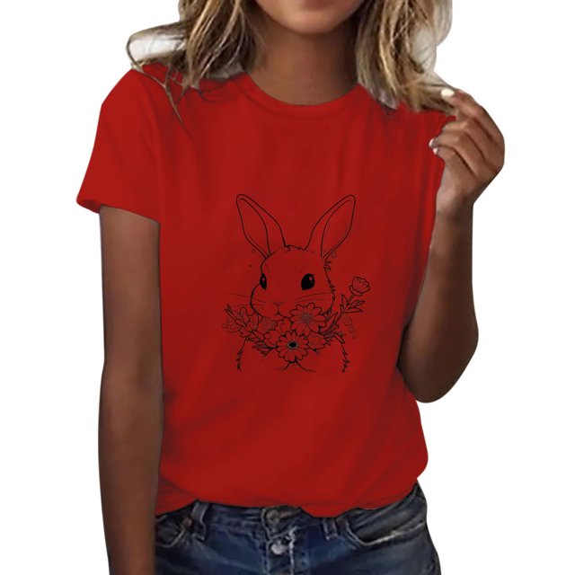 LUOGENLI T-shirts pour Femme pour Femmes T-shirts Décontractés de Pâques pour Femmes Mignon Lapin et Fleur Imprimé Col Rond Manches Courtes T-Shirt Ample Blouse Hauts T-shirts pour Femmes T-shirts Graphiques TTG Grande Taille Vêtements d'Été Rouge TTTG