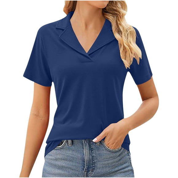 Women's Tops Sale Clearance! Women's Polo Shirts Lapel Collar V Neck Short Sleeve Blouse Dressy Casual Tunic Tops Summer Clearance
