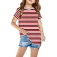 thumbnail image 1 of Penkiiy T-Shirts à Manches Courtes à Blocs de Couleur Rayés pour Filles, Col Rond Décontracté, Été, Mignons, Hauts Tee 4-13 Ans Rouge, 1 of 4
