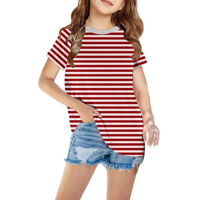 Penkiiy T-Shirts à Manches Courtes à Blocs de Couleur Rayés pour Filles, Col Rond Décontracté, Été, Mignons, Hauts Tee 4-13 Ans Rouge