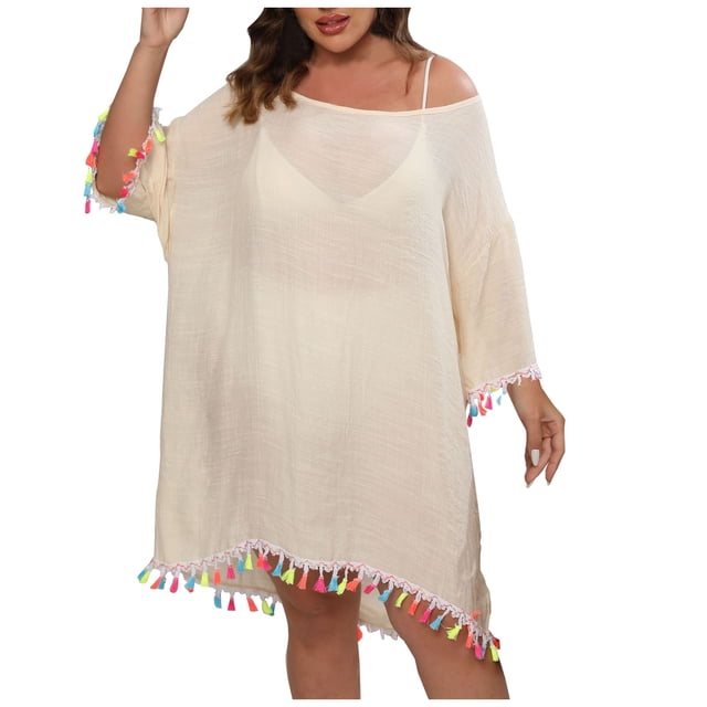 Plebaso Paréos de Maillot de Bain Grande Taille pour Femmes Manches 3/4 Dos Nu Paréo Robe de Bain Ample pour Femmes