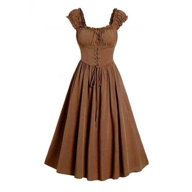 50 % de Réduction! Robes Décontractées pour Femmes, Robe Longue Gothique à Manches Courtes avec Laçages, Kaki, TG