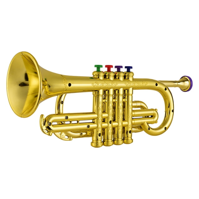Trompette Instruments à Vent Musicaux pour Enfants en ABS Métallique Doré, Jouet Trompette avec 4 Touches Colorées, Doté d'Une Finition Dorée Brillante et d'Un Matériau ABS Écologique. Sa Conception Légère Mesure 14,2 Pouces de long et Comprend des Touches Codées par Couleur pour un Jeu Facile, Convient aux Enfants de 3 Ans et Plus.