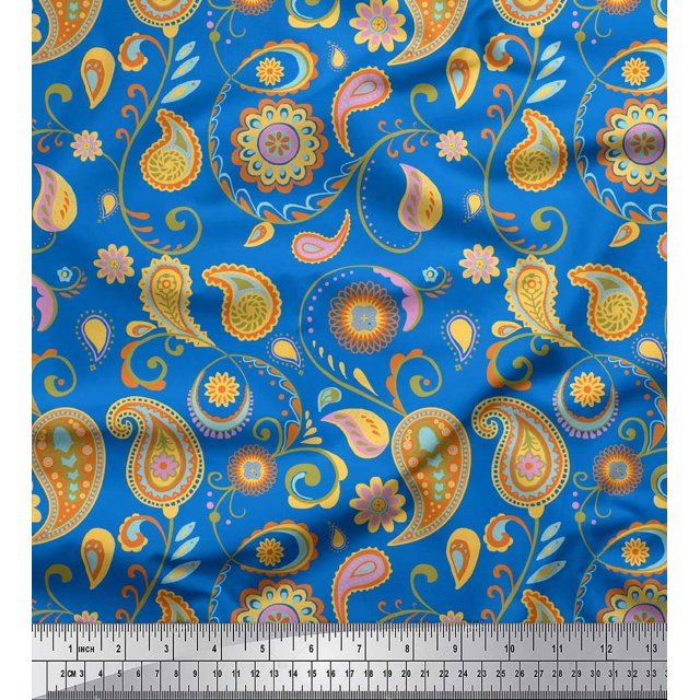 Soimoi Blue polyester Crepe Fabric Mandala & Paisley Decor Fabric Printed Yard 52 Inch Wide