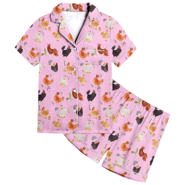 MIASHUI Pyjama 2 Pcs pour Filles Motif Animal Poulet à Boutons Pyjama pour Garçons, Rose, 6-7 Ans