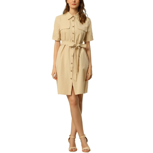 INSPIRE CHIC Robe-Chemise Boutonnée pour Femme à Col, Manches Courtes, Style Safari, avec Poches et Ceinture