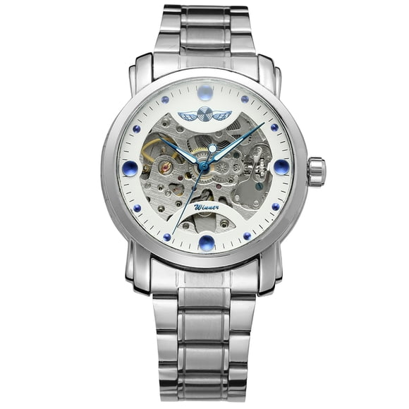 WINNER WINNER 005 Montre Mécanique pour Homme de Style Affaires avec Résistance à l'Eau 3 ATM, Bracelet en Acier Inoxydable/cuir, Bracelet en Acier Blanc et Bleu (Boîte d'Origine Incluse)