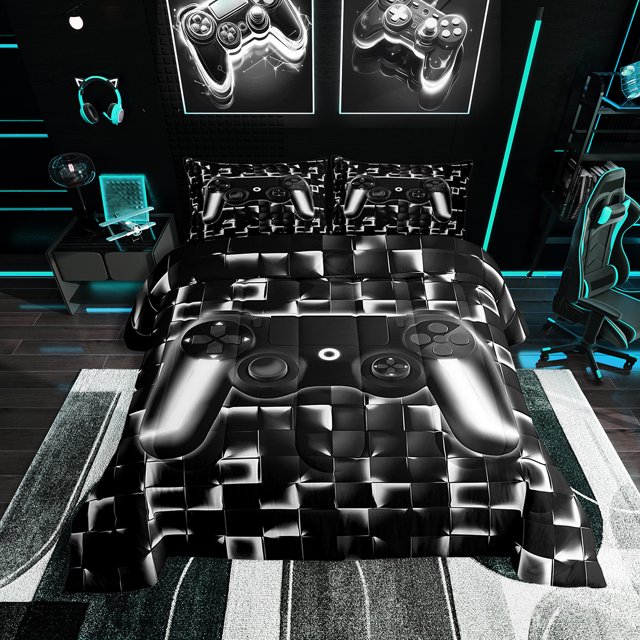 YST Gaming Bedding for Boys, Gamepad Twin Size Comforter Sets, Grey Geometric, Black Reversible