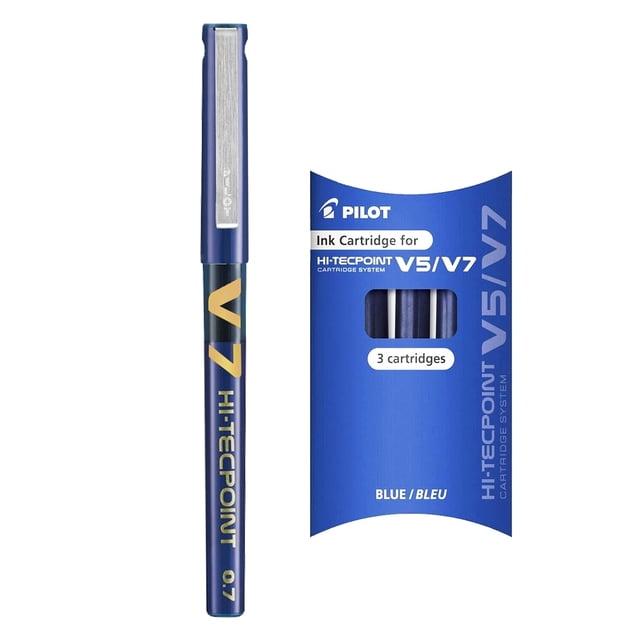 Pilot V7 Hi-Tecpoint Stylo à Bille Roulante - Pointe 0,7 mm - Encre Bleue - Stylo Simple + 3 Recharges