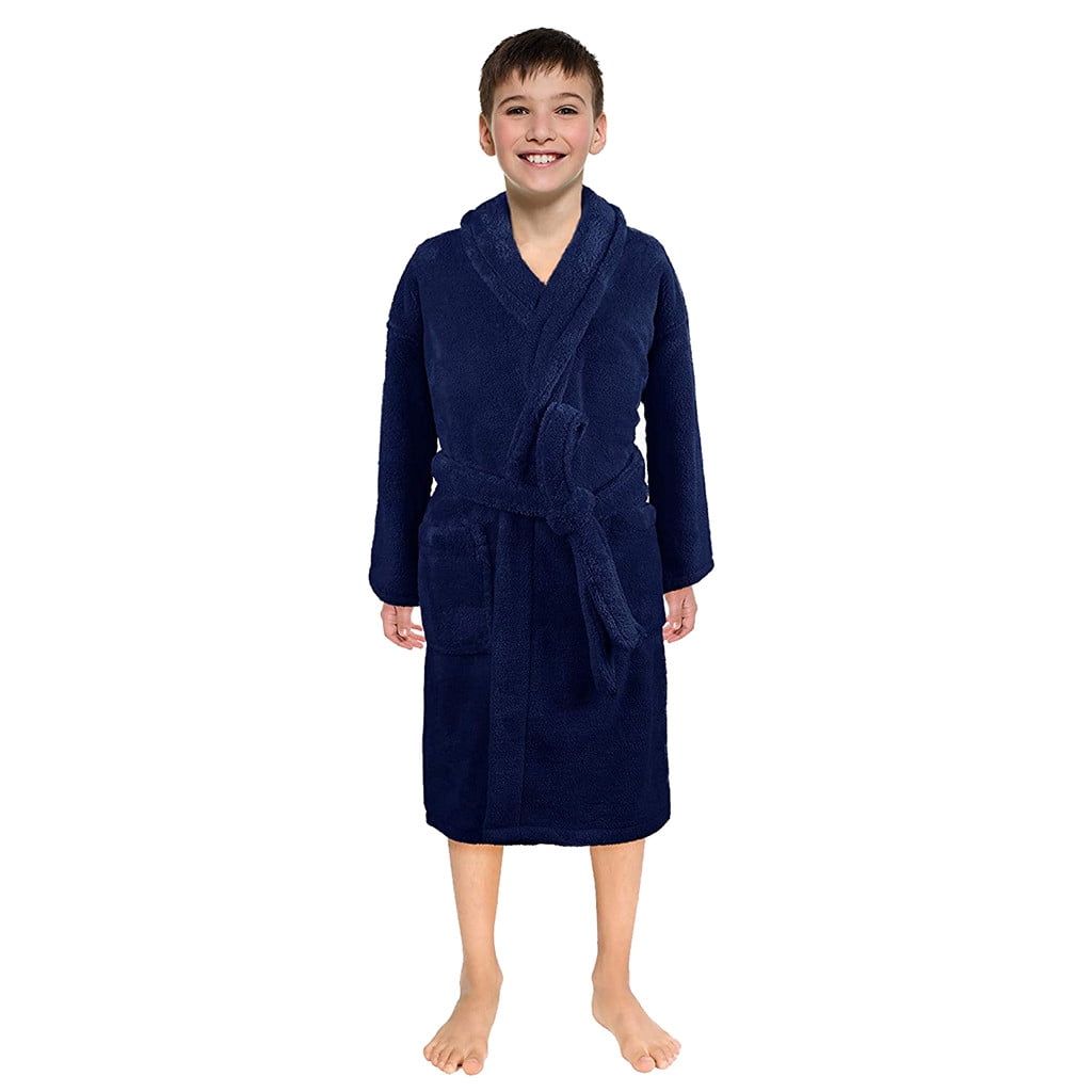 LSLJS Boys Girls Hooded Pajamas Soft Coral Fleece Bathrobe Unisex Dressing Gown Sleepwear, Kids Robe( 9-12 Years, Navy )