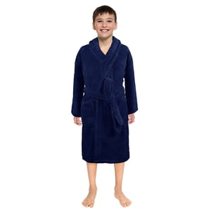 LSLJS Boys Girls Hooded Pajamas Soft Coral Fleece Bathrobe Unisex Dressing Gown Sleepwear, Kids Robe( 9-12 Years, Navy )