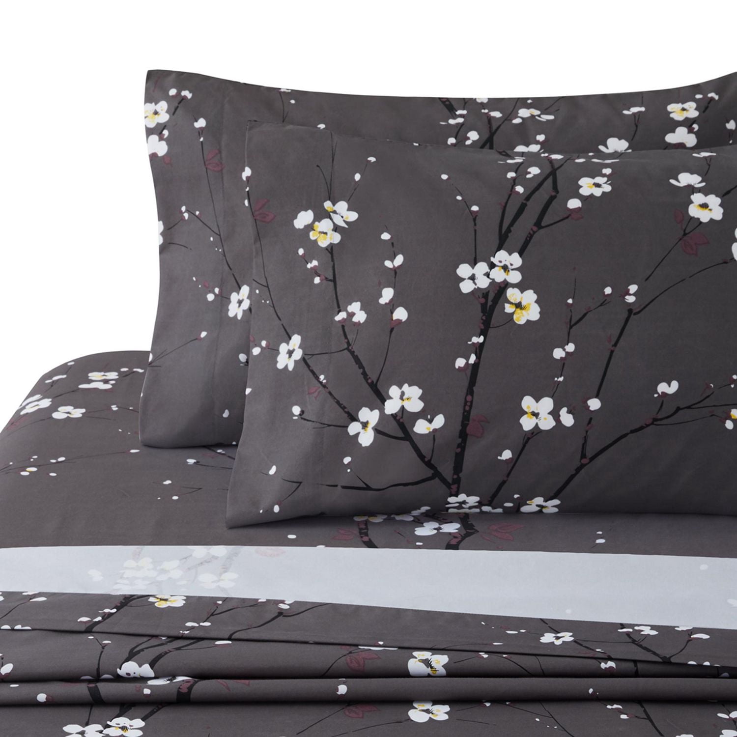 Marina Decoration Printed 600 Thread Count Soft Deep Pocket Hotel Standard Long Staple Cotton Blend Percale All Season Bedding Sheet Set, Plum Blossom Floral Grey Pattern