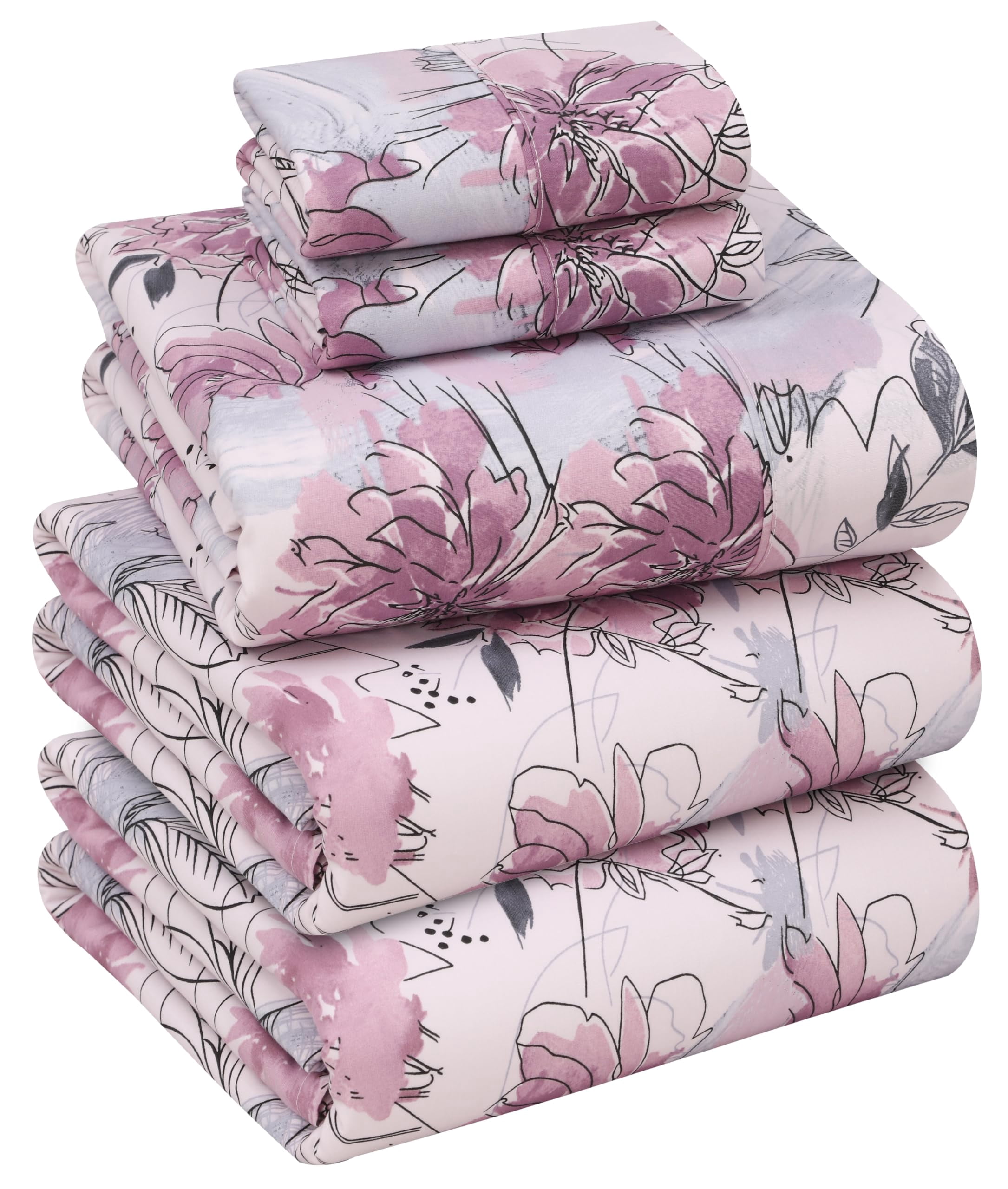 RUVANTI 100% Cotton Split King Sheets, Percale Sheet Set, Lilac Floral