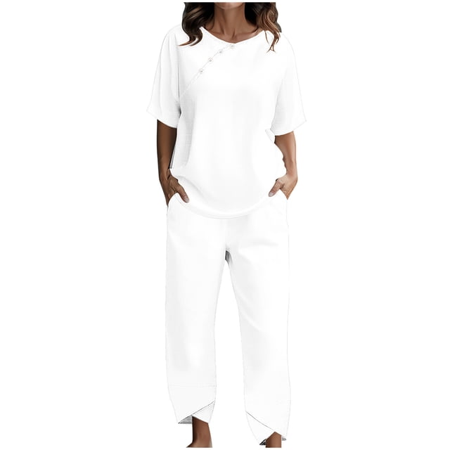 Yuyuzo Ensembles Détente pour Femmes, Hauts à Col Rond à Boutons, Pantalons Amples avec Poches, Ensemble Assorti d'Été 2 Pcs