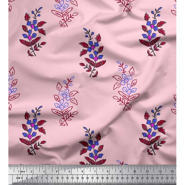 Soimoi Polyester Crepe Fabric Leaves & Floral Block Printed Fabric 1 Yard 52 Inch Wide