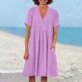 thumbnail image 2 of Swstbby Liquidation d'Économies d'Été! Robe d'Été pour Femmes, Robe Décontractée Ample Mode Rétro en Coton et Lin à Manches Courtes, Col en V, Plissée, Violet TG, 2 of 5