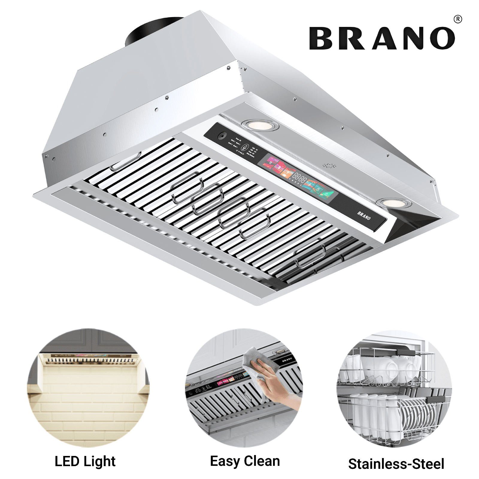 Brano 36-Inch Built-in Range Hood Insert, Voice/Gesture/Touch Control, 900 CFM, 4-Speed, Ducted/Ductless, Adjustable Lights