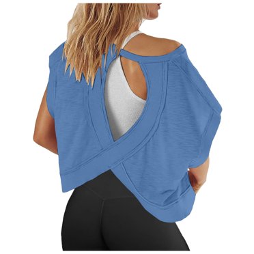 VJATTWR T-Shirt Surdimensionné Femmes Femmes Manches Courtes Chandails d'Entraînement Dos Ouvert Hauts Décontractés Yoga Athlétique Gym Ample Court Course T-Shirts L