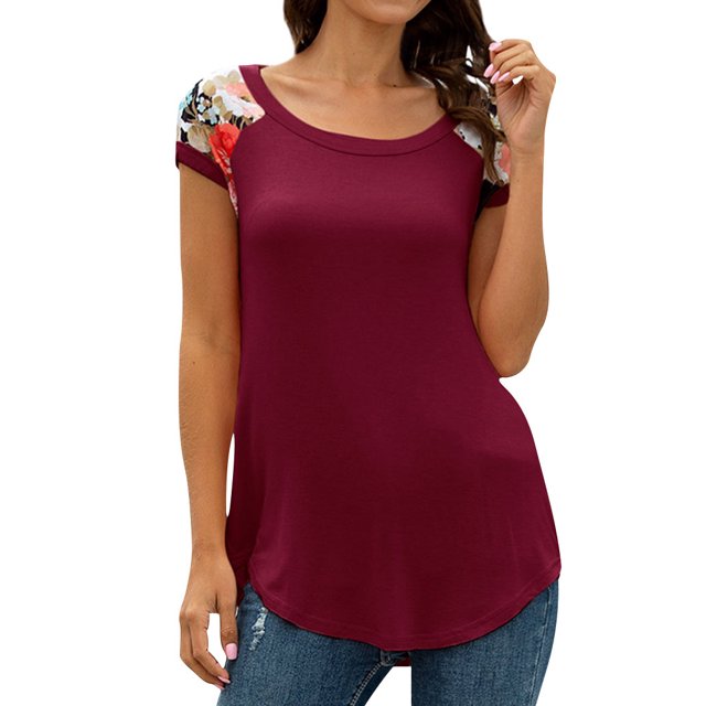 MY Women Floral Print Color Stitching Tunic Short Sleeve Round Neck Top