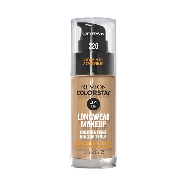 Revlon Colorstay™ Longwear Makeup Combo/Oily, 30mL pump bottle in shade 220 with SPF 15 and antioxidant Vitamin E, formulated for combination to oily skin, offering 24-hour oil control and a poreless matte finish suitable for humid Canadian climates.