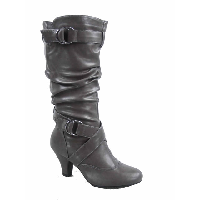 Maggie-39 Bottes Décontractées Mi-Mollet à Bout Rond à Talons Hauts à Fermeture Éclair pour Femmes