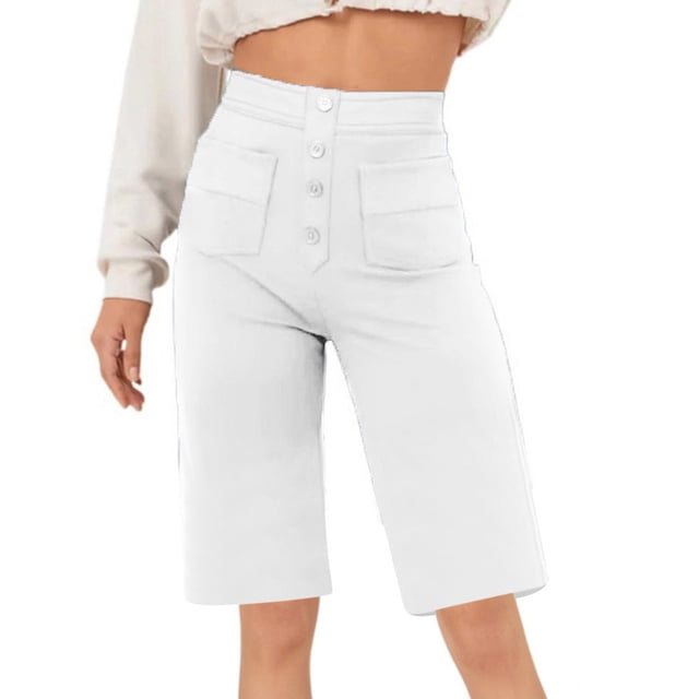 Timegard Shorts for Women High Waist Button Straight Leg Solid Color Comfy Casual Workout Half Pants