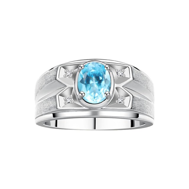 RYLOS Men's Rings Sterling Silver Rings Classic Designer Style 8X6MM Oval Gemstone & Diamond Ring Blue Topaz December Birthstone Rings For Men, Size 8