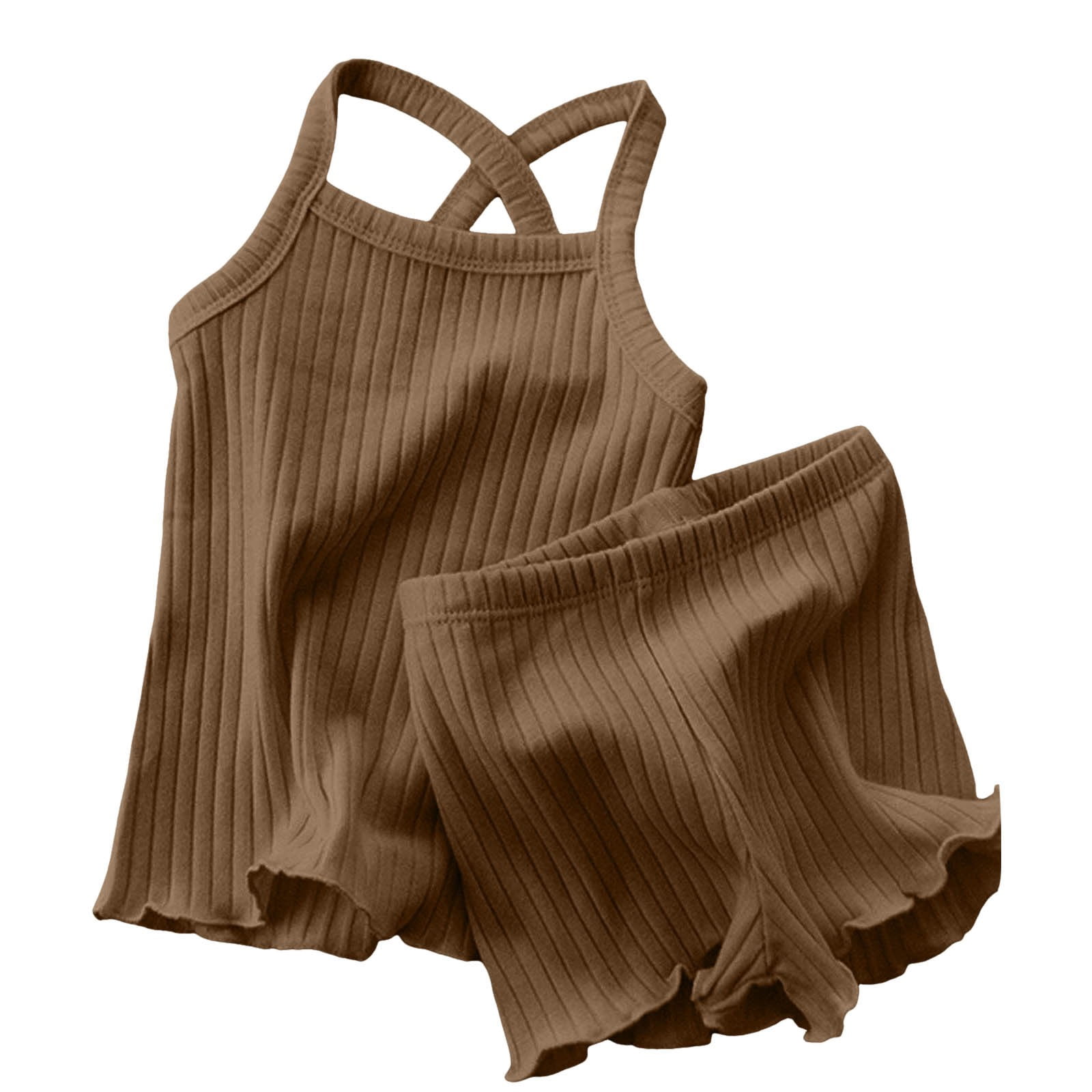 WEIYLL Girls Pajamas Set Childrens Ribbed Suspender Baby Home Female Baby Brown Outfit Suits Size 110