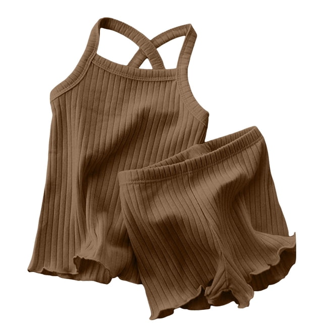 WEIYLL Pj Sets For Girls Childrens Ribbed Suspender Baby Home Female Baby Brown Outfit Suit Size 90