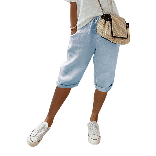 MAWCLOS Women's Bermuda Shorts Elastic Waist with Drawstring in Sky Blue, size L. These knee-length shorts feature a high-waisted design with an elastic waistband and adjustable drawstring for a custom fit. Made from a soft and breathable blend of 65% cotton and 35% polyester, they include two side pockets and rolled cuffs. Ideal for casual wear, vacations, or summer outings, these solid-color shorts pair well with crop tops, tank tops, or sandals.