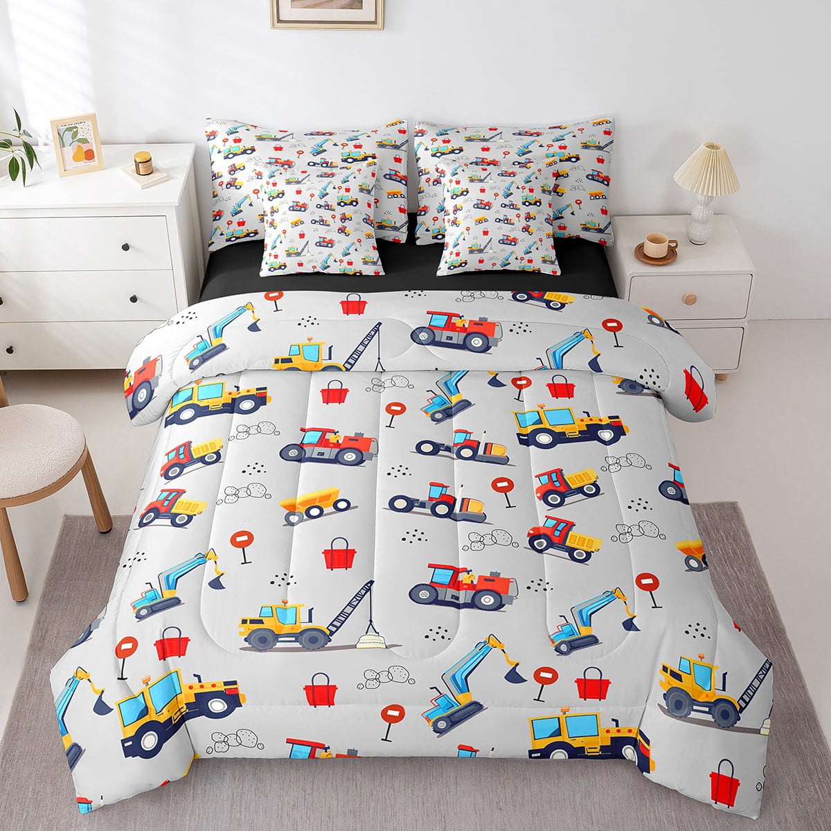 Kids Excavator Twin Comforter Set 7 Piece Cartoon Car Bedding Comforter Sets For Boys Children, Tractor Truck Bed In A Bag Construction Vehicles Bedding Set, Tractor Decor Bed Sheets Set