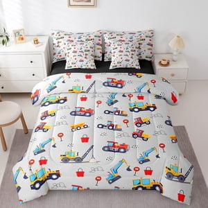 Kids Excavator Twin Comforter Set 7 Piece Cartoon Car Bedding Comforter Sets For Boys Children, Tractor Truck Bed In A Bag Construction Vehicles Bedding Set, Tractor Decor Bed Sheets Set