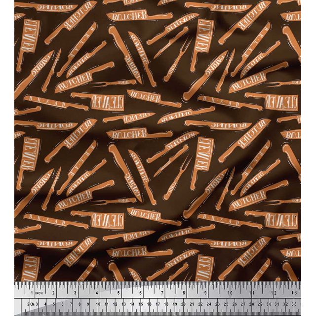Soimoi Brown Rayon Crepe Fabric Text & Knife Kitchen Printed Fabric 1 Yard 46 Inch Wide