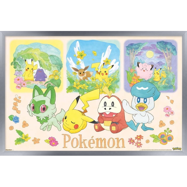 Pokémon: One Scene - Group Wall Poster, 14.725" x 22.375" framed featuring five Pokémon characters including Pikachu, Rowlet, and Sobble in a centered front view surrounded by colorful flowers, with three inset scenes showing Pikachu with Ditto under a leaf, Pikachu and Eevee with yellow flowers, and Clefairy with Pikachu under a moonlit sky on a cream background. This framed wall art is suitable for adding playful décor to bedrooms, offices, or dorm rooms.