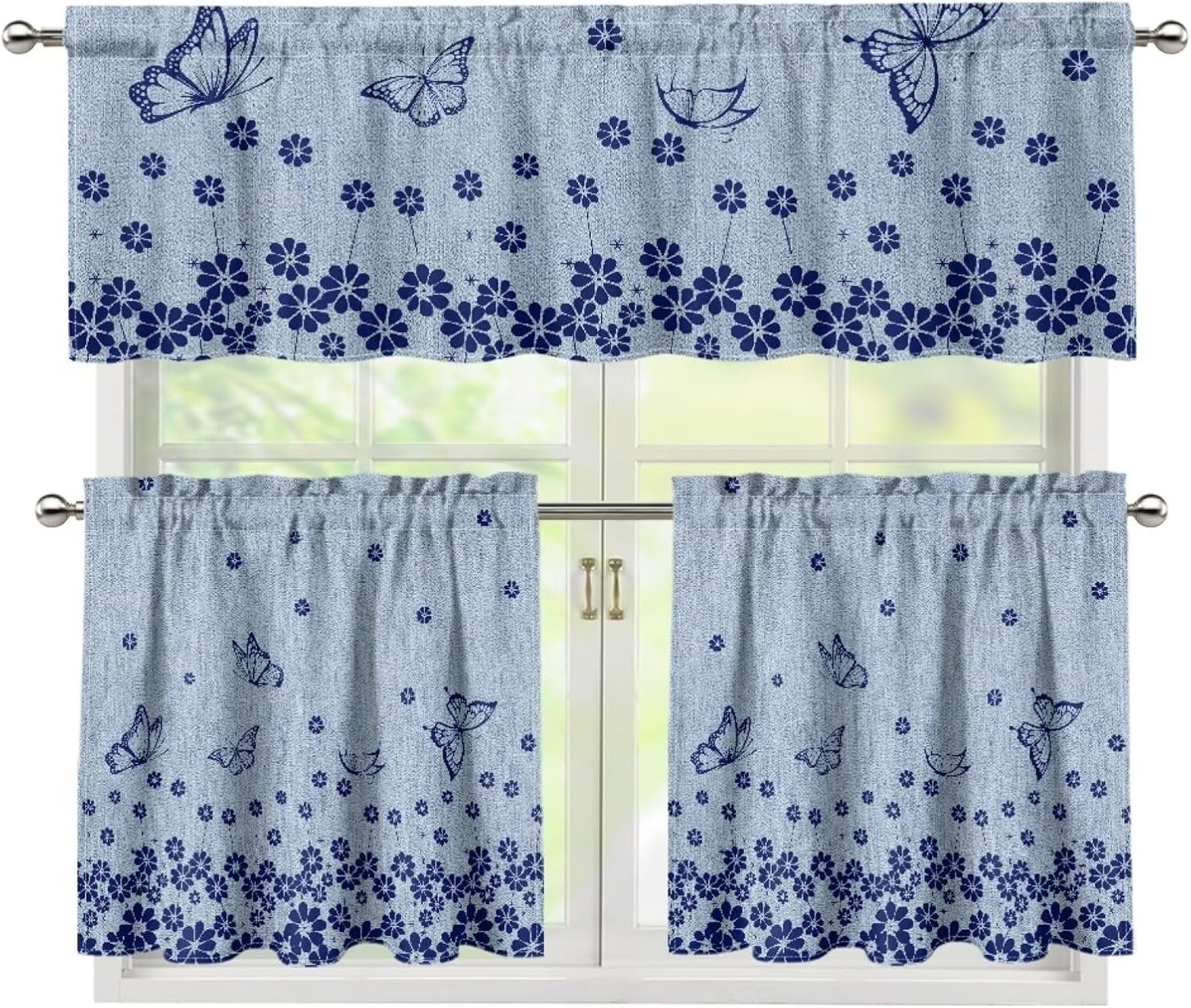 Blue Butterfly Floral Kitchen Curtains Valance Set of 3,Flower 24 Inch Length Tier Curtains Cafe Bar Window Curtains, Rod Pocket,Easy to Install