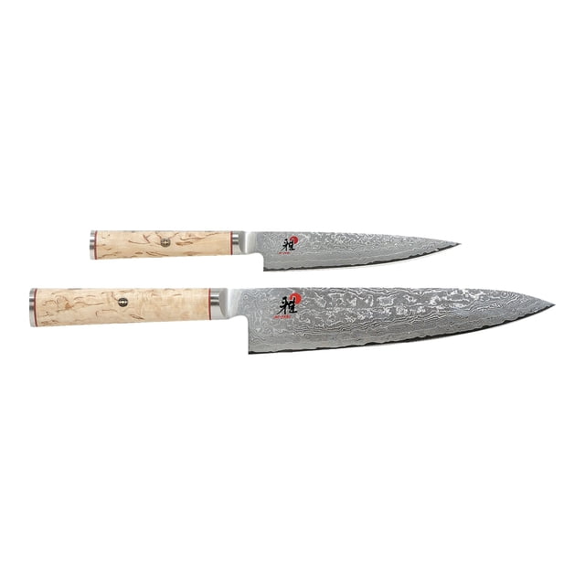 MIYABI 5000 MCD 2 Piece Knife Set featuring an 8-inch chef's knife and a 5-inch paring knife. Both knives showcase a 101-layer flower Damascus steel blade with a katana edge and a CRYODUR ice-hardened core made of SG2 micro-carbide powder steel. The handles are crafted from Karelian Birchwood, offering an ergonomic grip and a striking natural wood pattern. Handcrafted in Seki, Japan.