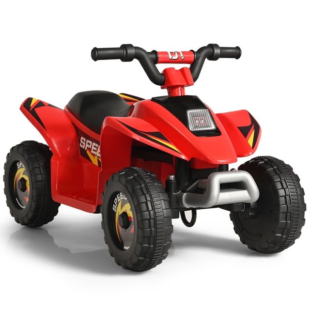 Costway 6V Kids Electric Quad ATV 4 Wheels Ride On Toy for Toddlers in red, featuring a powered ride-on design with durable anti-slip tires, wide comfortable seat, and forward/reverse functionality. Suitable for children aged 3+ years, with a rechargeable battery for up to 50 minutes of runtime. Designed for indoor and outdoor use on various surfaces.