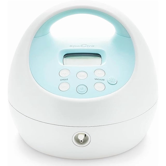 Spectra® S1 Plus Electric Breast Milk Hospital Strength Pump with hospital-grade suction up to 270 mmHg, featuring a compact, white and light blue design with an ergonomic handle and digital LCD display. The front panel includes buttons for cycle, vacuum, and power settings, along with a port for tubing connection. Rechargeable and portable for convenient breastfeeding support.