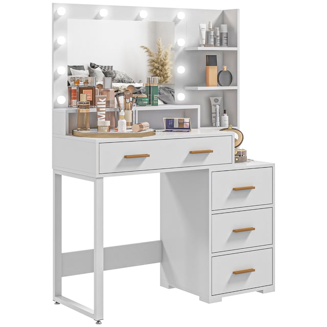 HOMCOM Coiffeuse, Table de Maquillage avec Miroir et Rangement, Blanc. une Coiffeuse de Chambre avec un Grand Miroir Éclairé avec 10 Ampoules DEL, un Plateau Spacieux, un Grand Tiroir, Trois Tiroirs Plus Petits et six Étagères Ouvertes pour Organiser les Cosmétiques et les Accessoires. Fabriquée en MDF et Panneau de Particules Durables avec une Finition Blanche Épurée et des Poignées Ton or. Parfaite comme Organisateur de Maquillage pour Chambres Ou Espaces d'Habillage.
